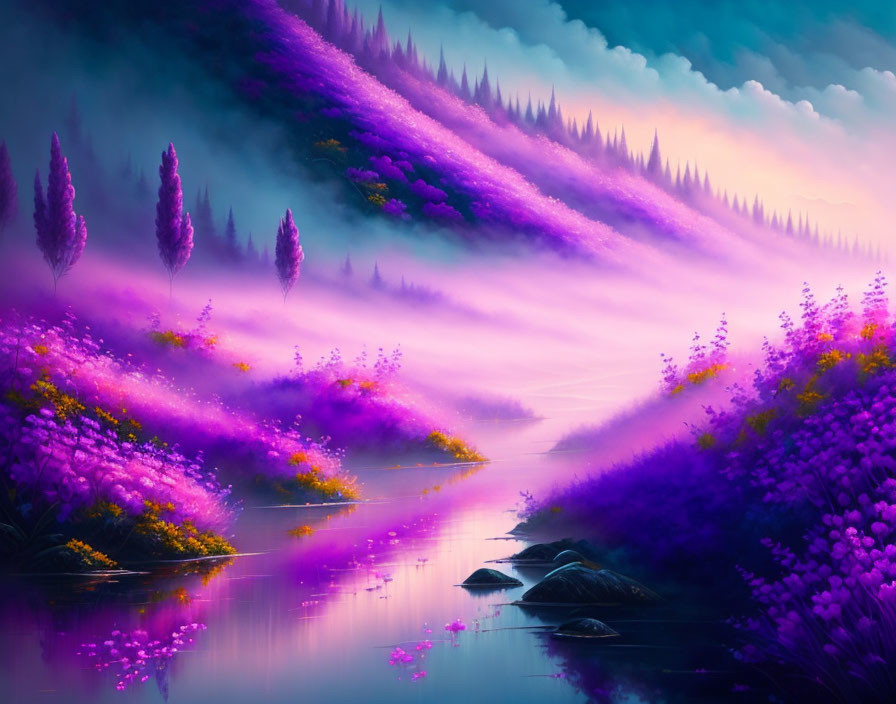 Surreal purple landscape with misty hills and blooming trees