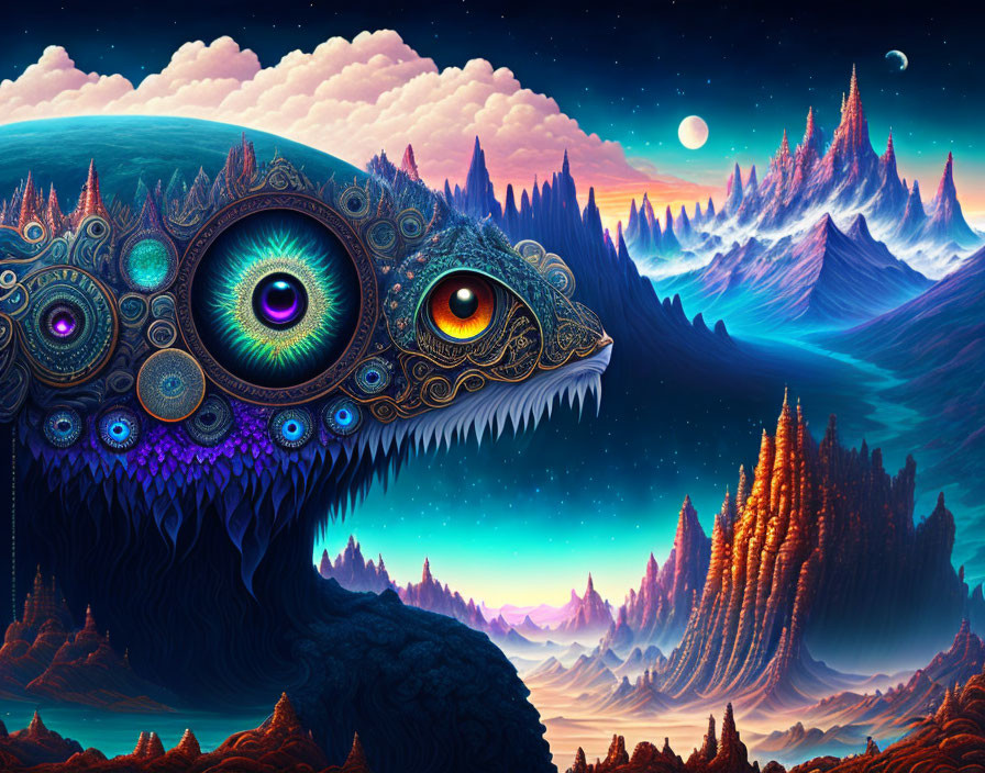 Fantastical landscape with purple mountains and surreal creature