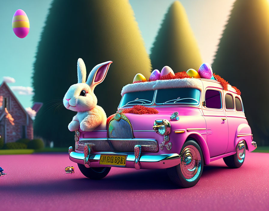 Whimsical Easter Bunny on Pink Vintage Car with Easter Eggs