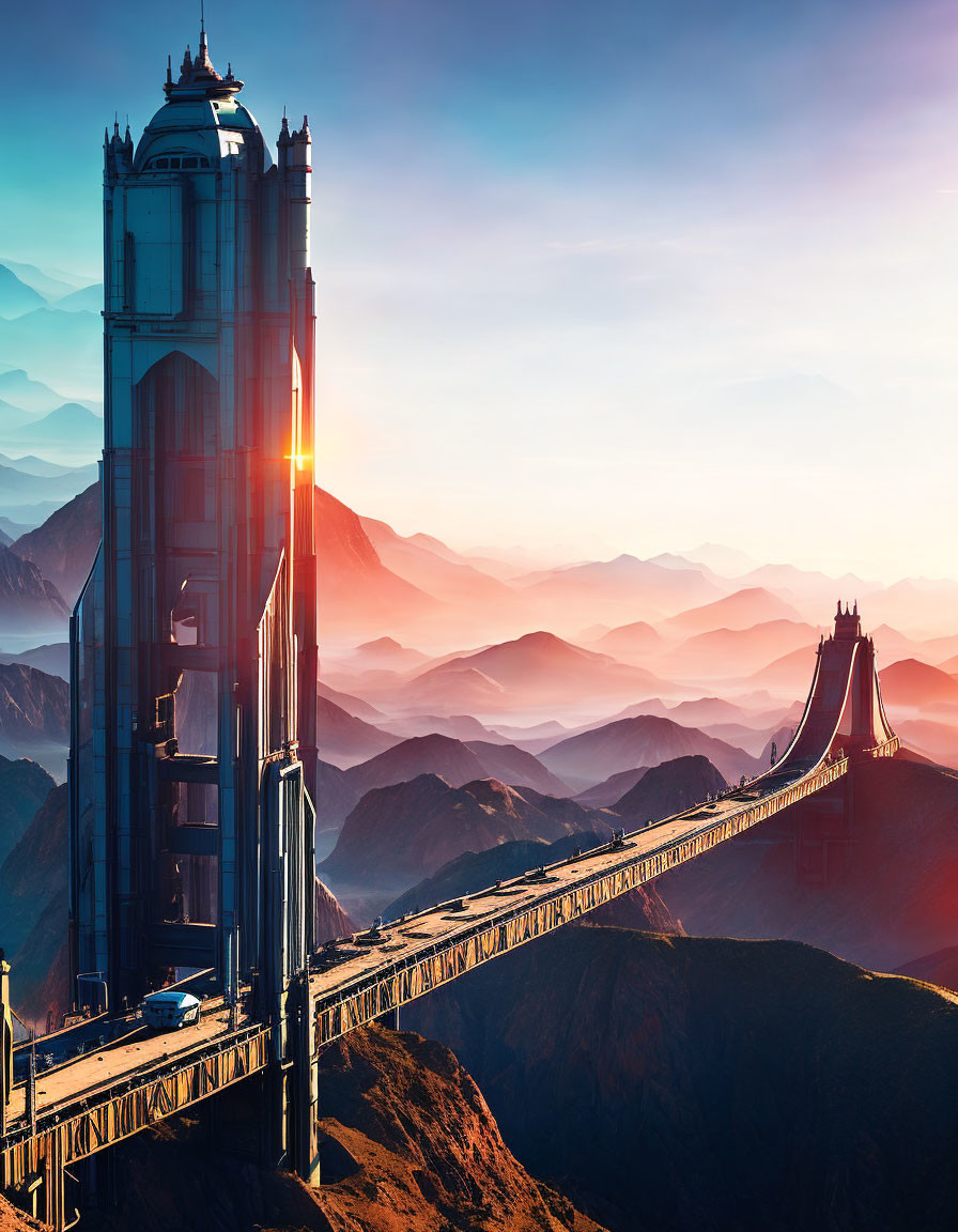 Futuristic building and bridge in mountainous sunrise landscape