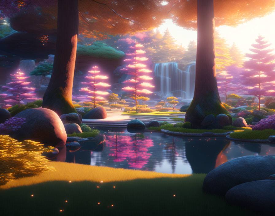 Tranquil fantasy landscape with glowing trees, pond, waterfalls, and colorful flora