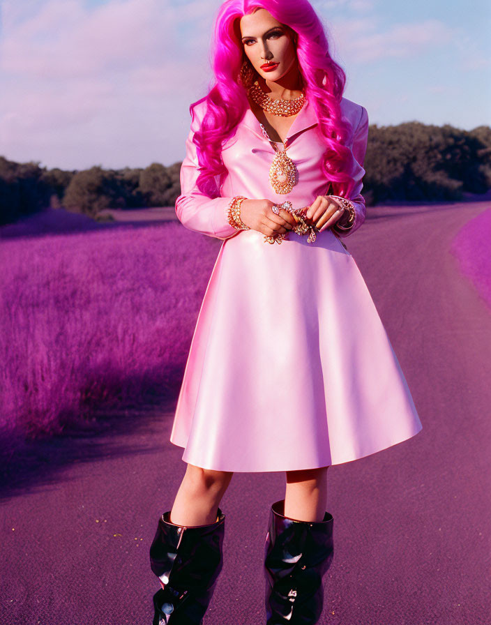 Person with Bright Pink Hair in Lavender Field Wearing Pink Dress