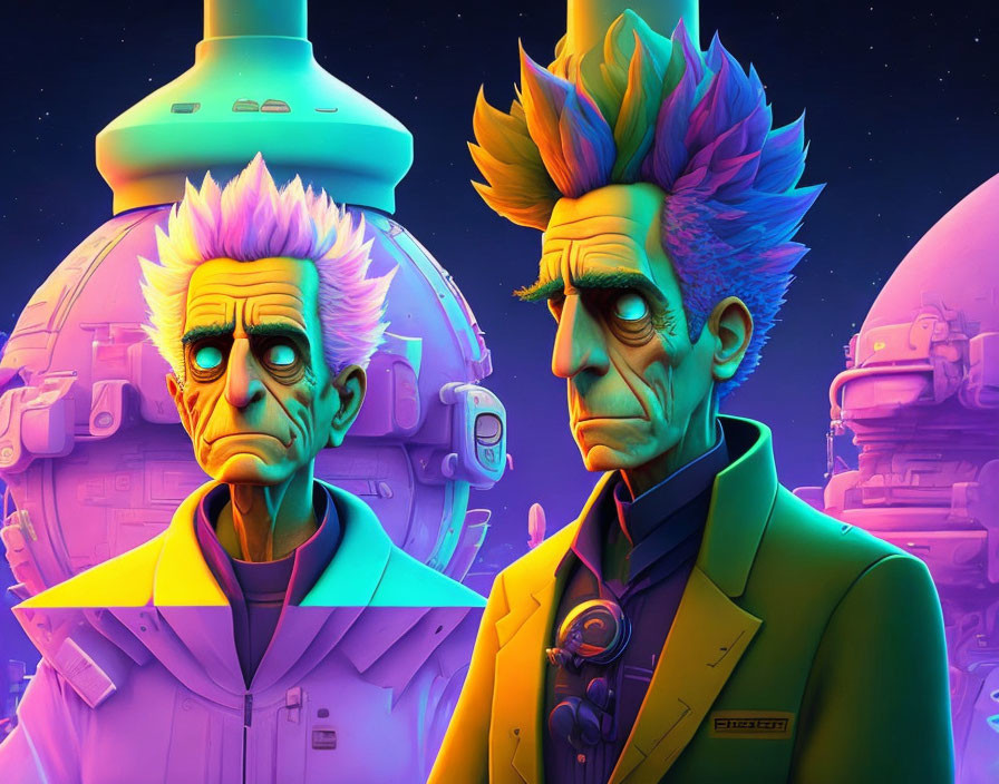 Animated characters with spikey hair in front of futuristic background with spaceships