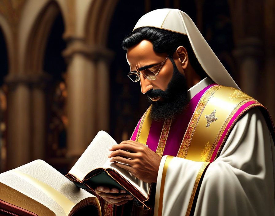 Bearded cleric in glasses reading book in cathedral setting