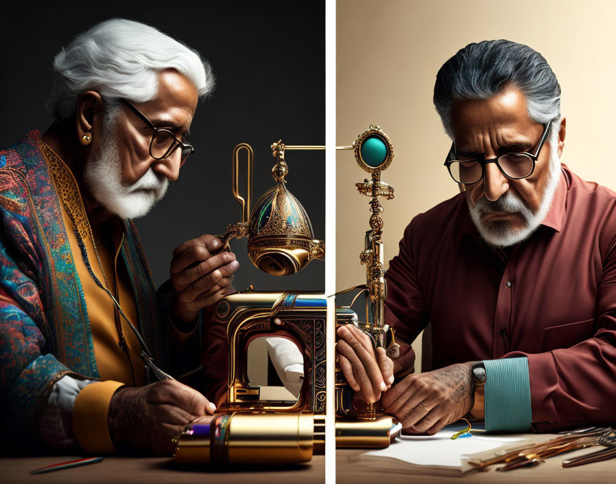 Elderly man repairing object and writing with quill on dark background