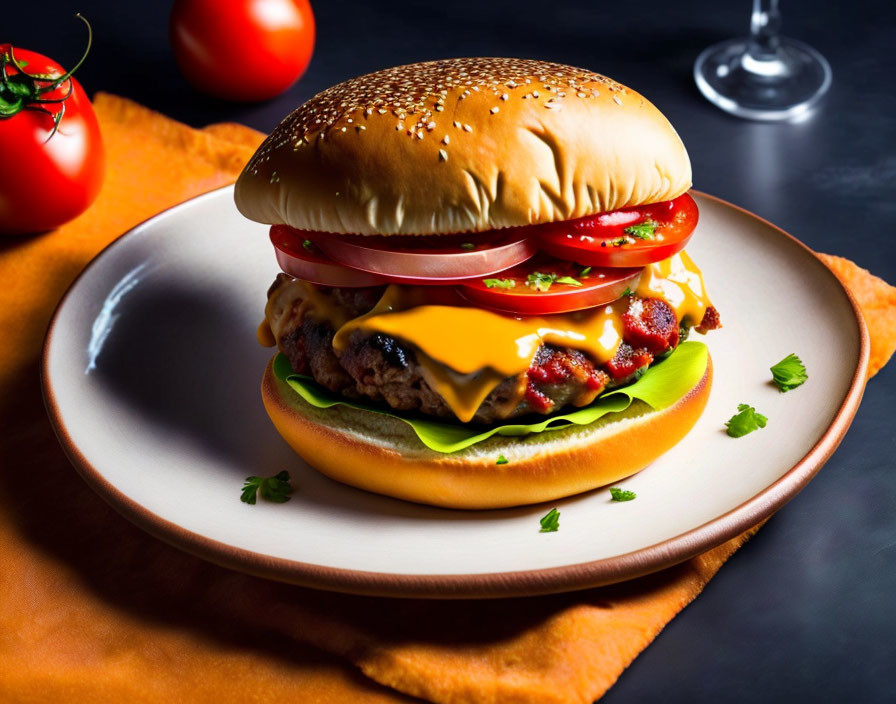 Delicious Bacon Cheeseburger with Tomato and Lettuce on Sesame Bun