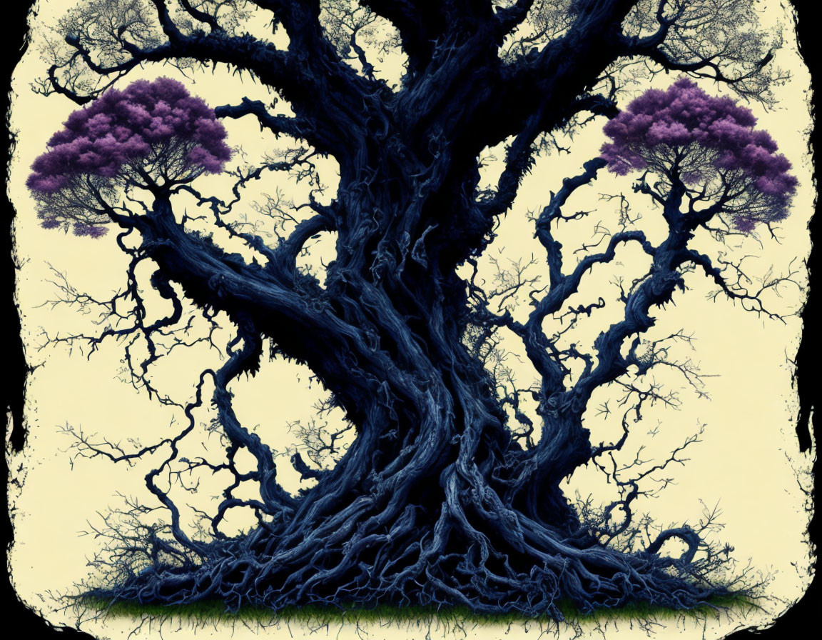 Symmetrical tree with gnarled branches and purple blossoms on aged parchment