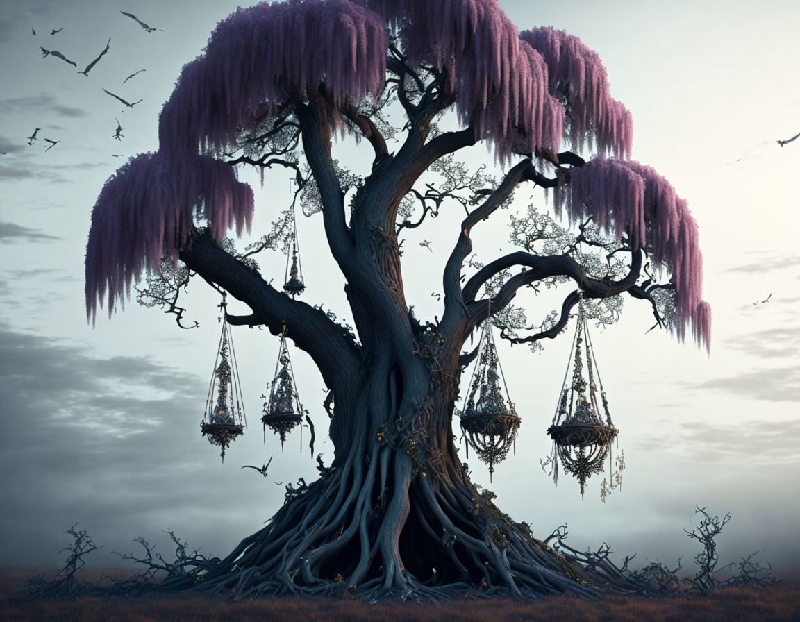 Majestic tree with purple leaves, intertwined roots, and birdcage lanterns against a dus