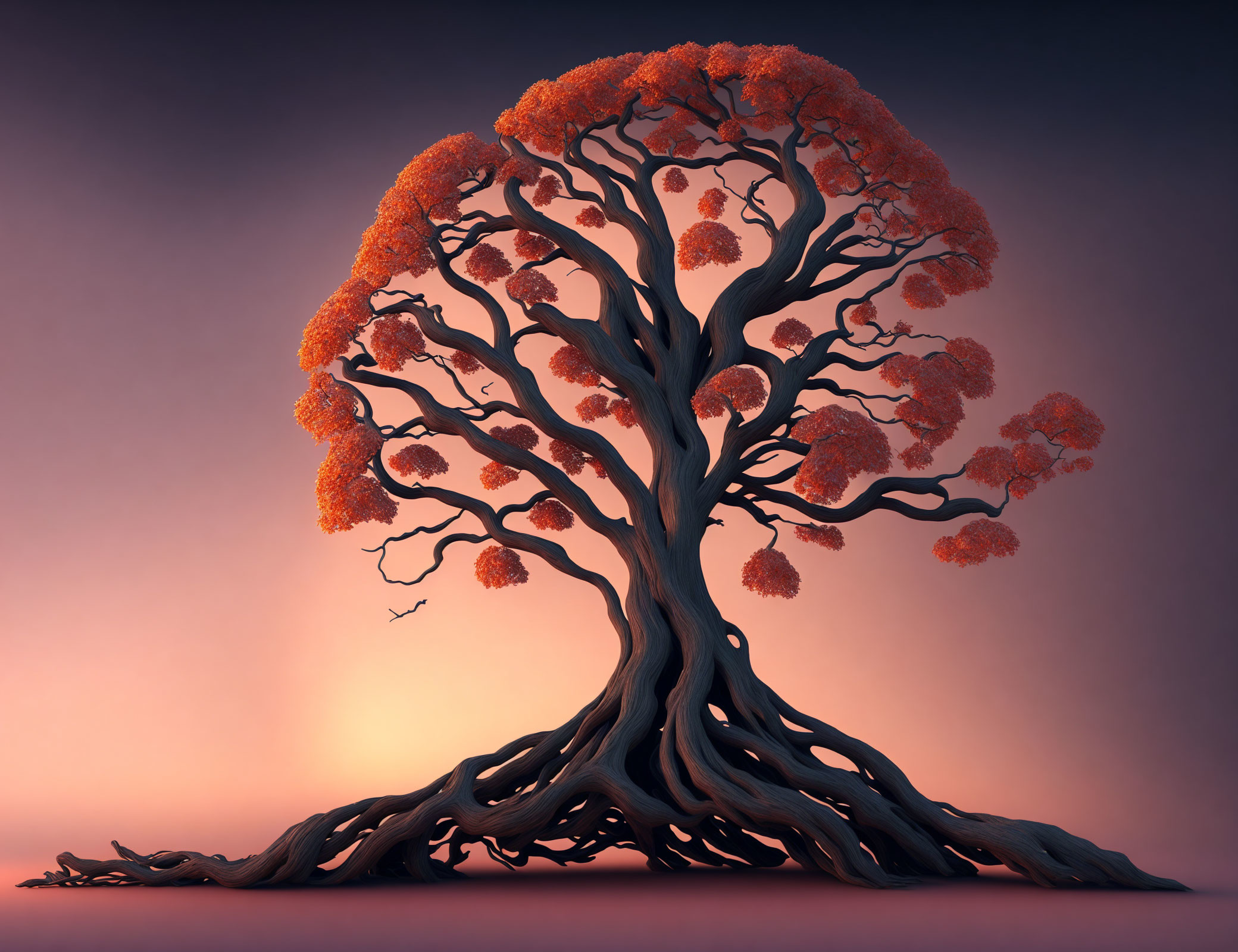 Majestic stylized tree with twisted trunk and orange foliage against gradient sky