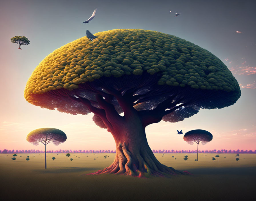 Surreal landscape with oversized mushroom-shaped trees and twilight sky