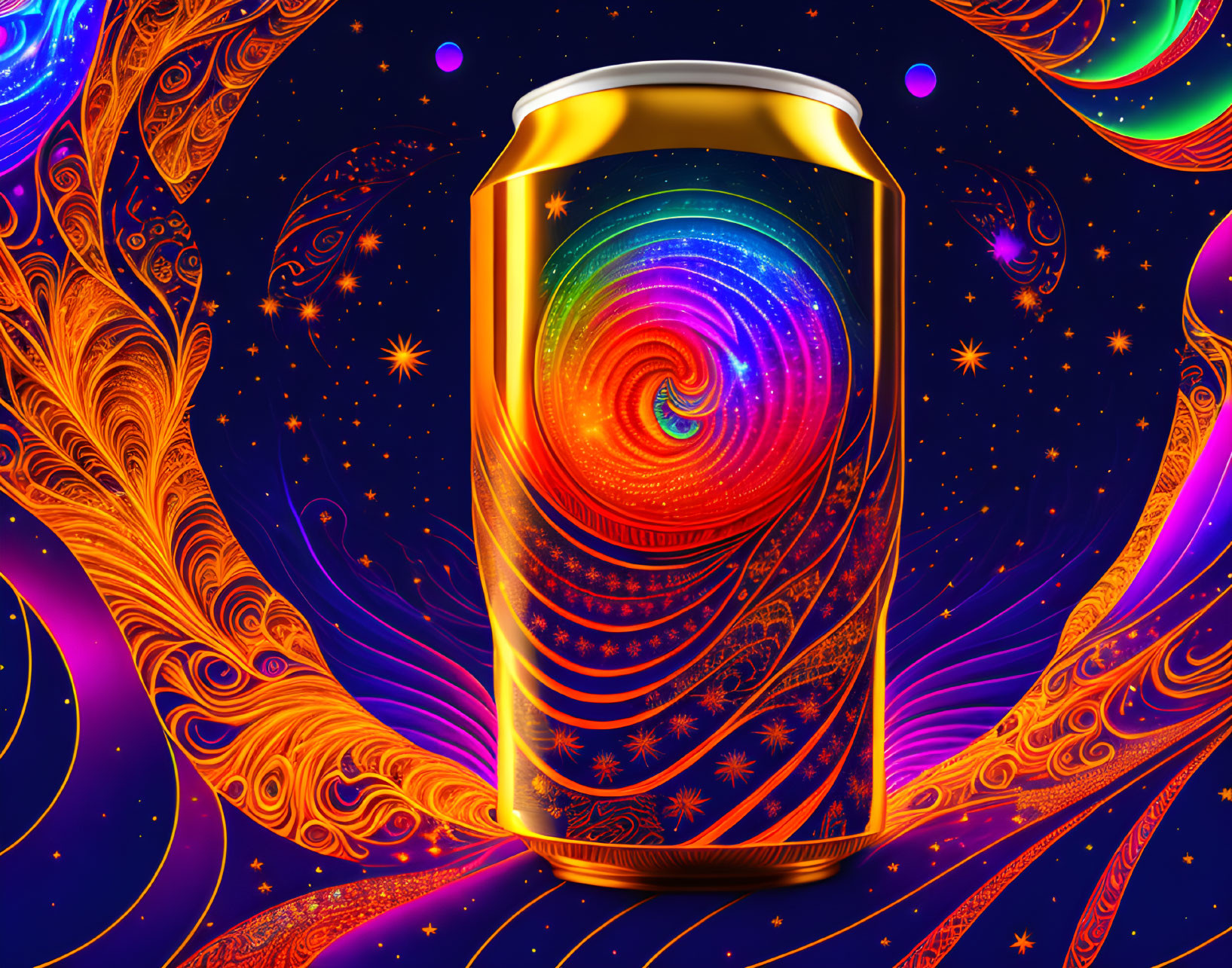 Colorful Psychedelic Soda Can Illustration with Galaxy Design