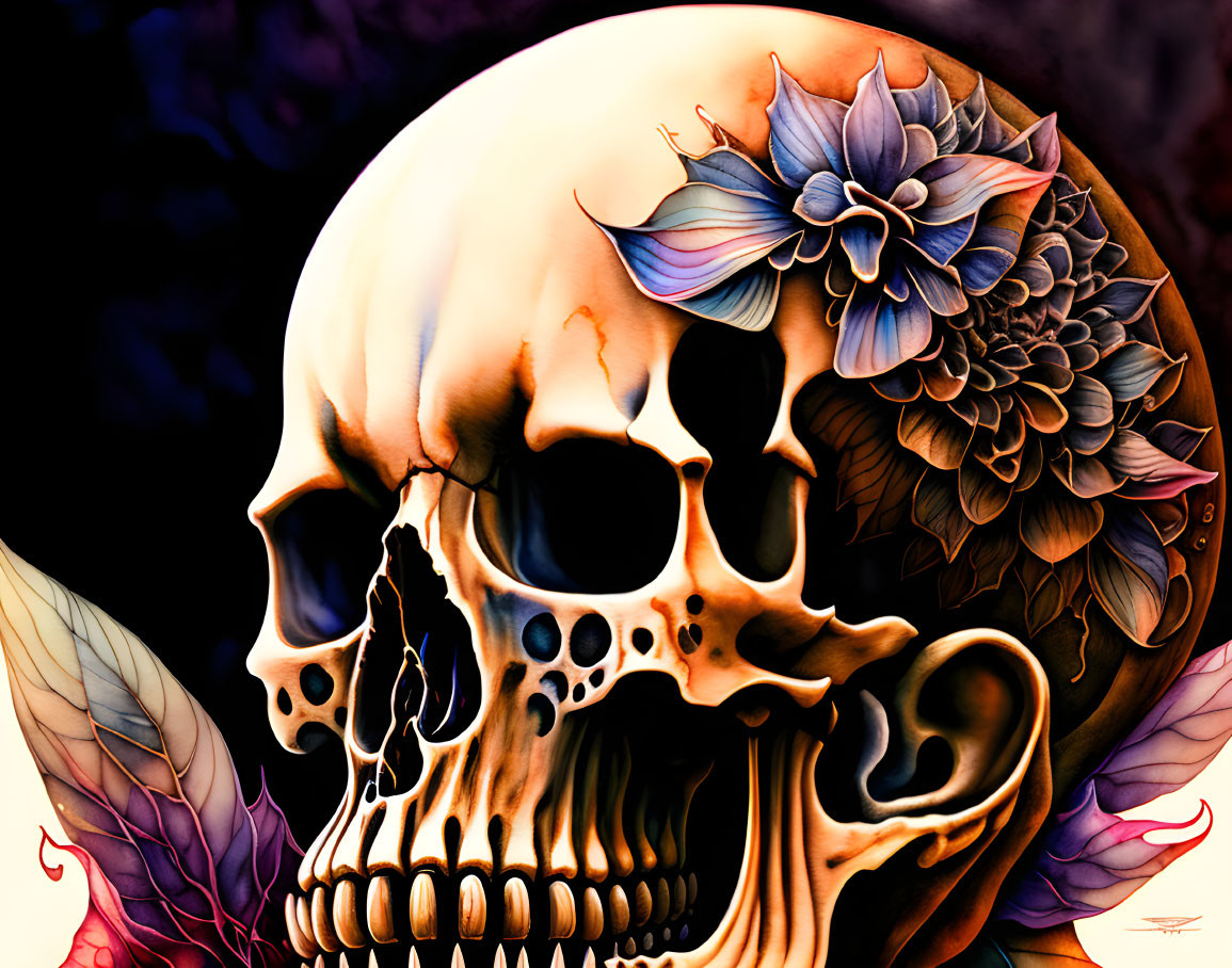 Colorful Flower Skull Illustration on Dark Background