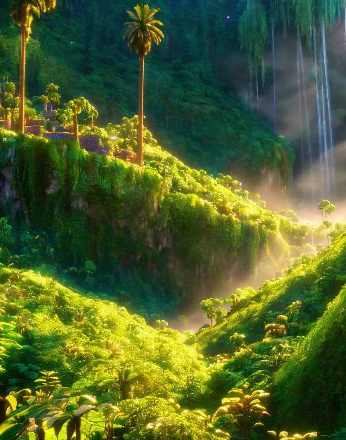 Vibrant jungle scene with cliffs, waterfalls, and sunbeams.