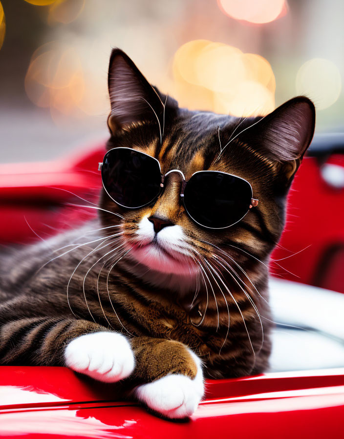 Fashionable Cat with Sunglasses Relaxing on Red Car Hood with Soft Focus Lights