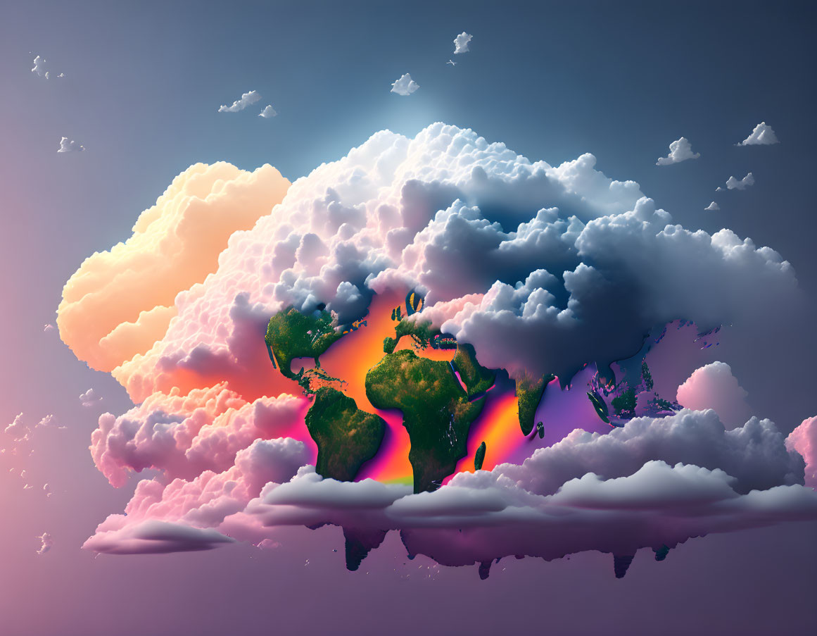 Surreal Earth depiction in vibrant colors & rainbow swirls