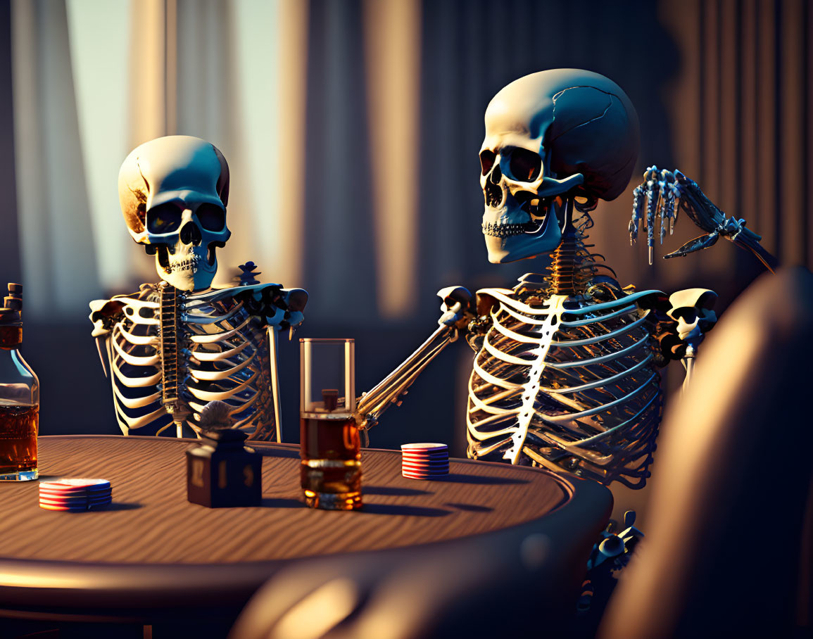 Skeletons at table with bottle and glasses in warm light