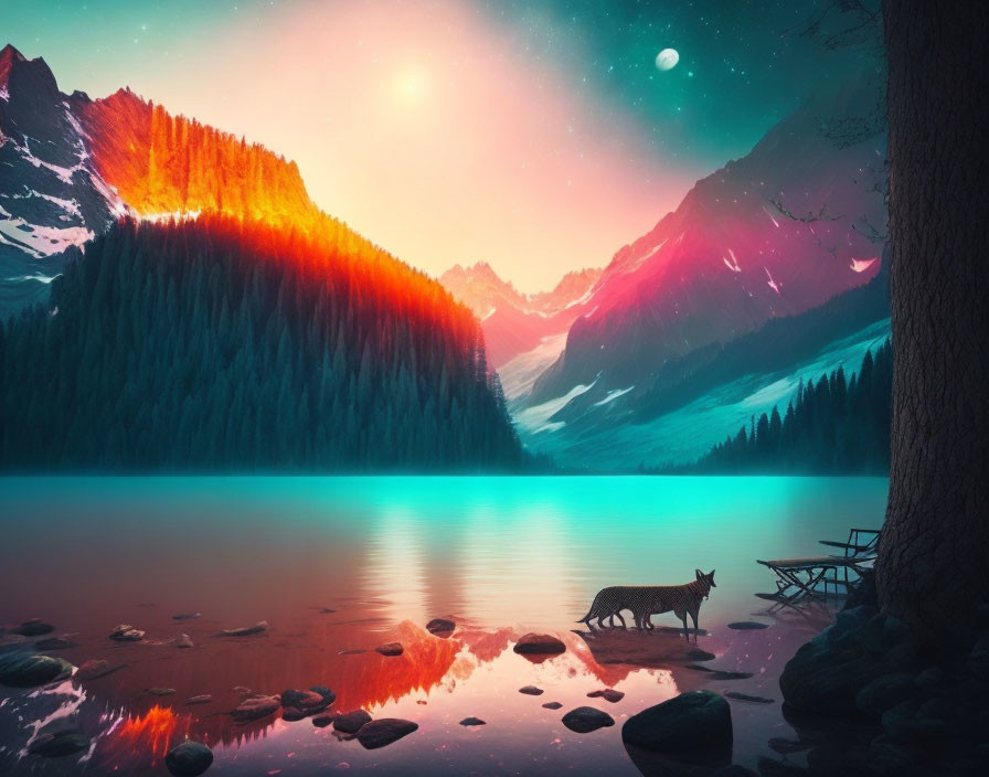 Tranquil lake scene with sunset colors, mountains, trees, wolf, and dock