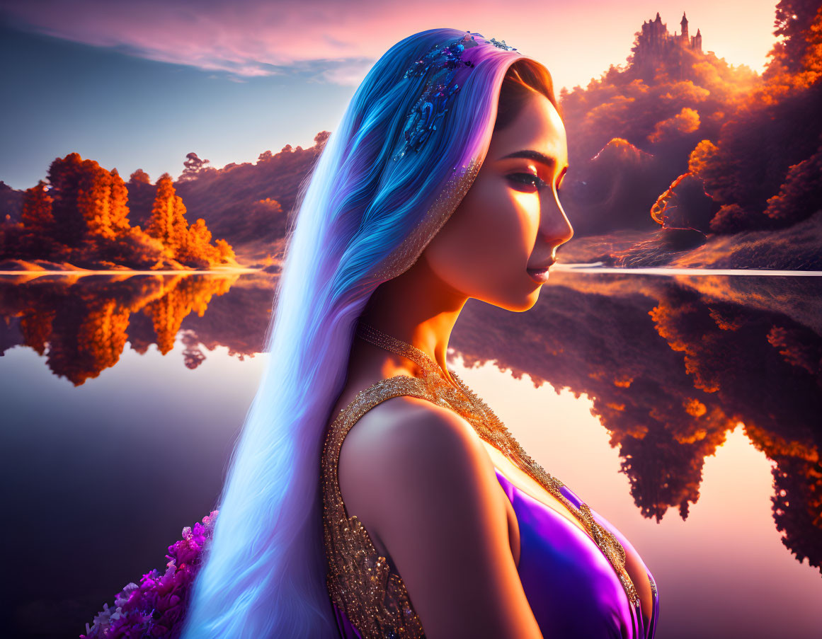 Digital artwork: Woman with blue hair admiring sunset landscape with castle and lake