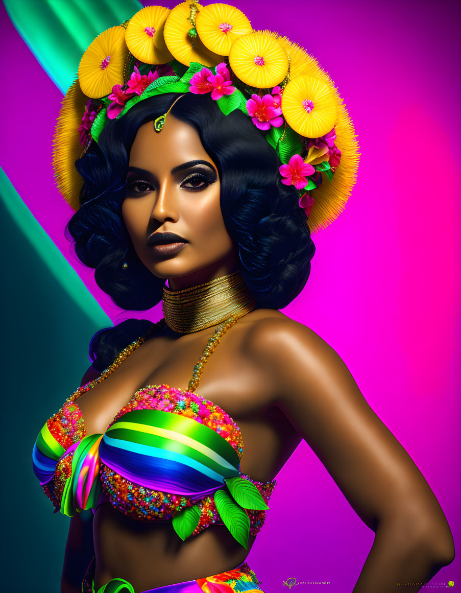 Digital artwork featuring woman with dark hair in vibrant headpiece and colorful attire