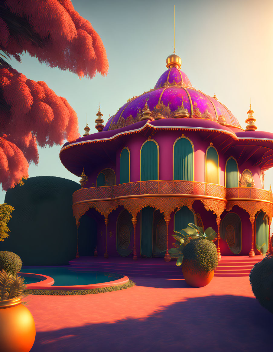 Fantastical palace with purple domes and gold details