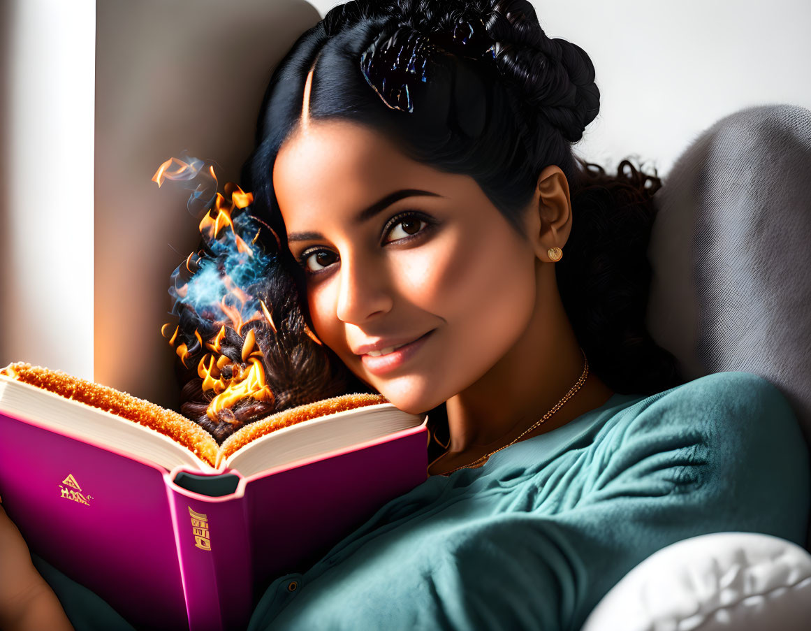 Woman smiling with book emitting illustrated flames