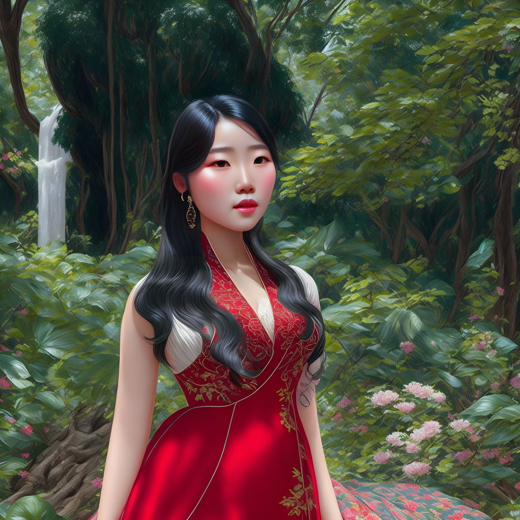 Digital art portrait of woman in red dress with elegant hairstyle in lush garden with waterfall.