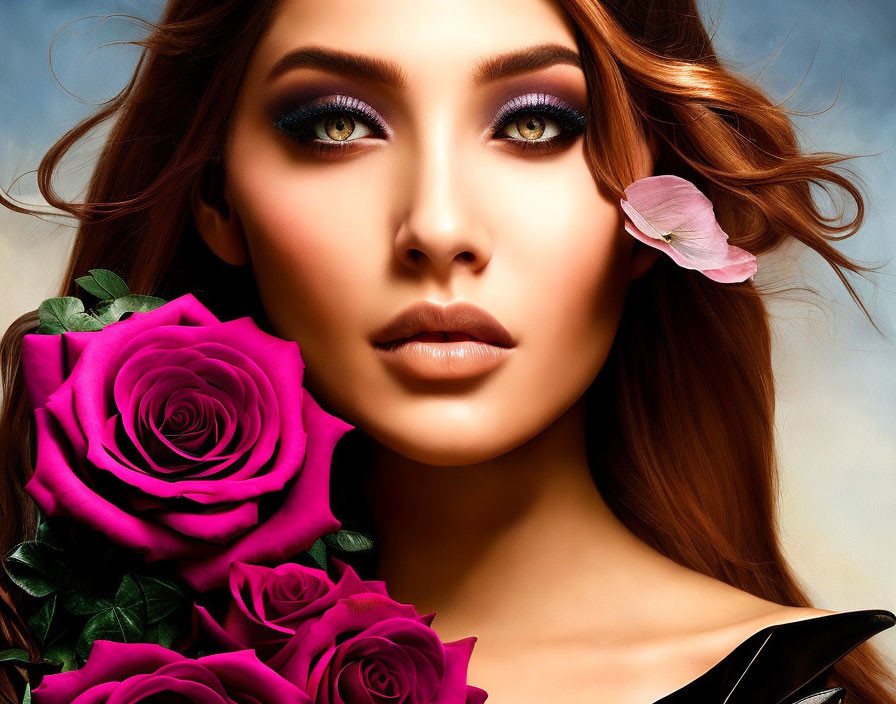 Woman with vibrant makeup and pink roses, gazing intensely.