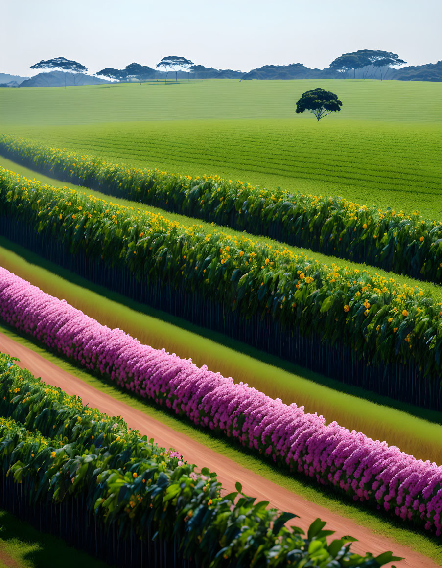 Scenic farmland with sunflowers, lavender, tree, hills, and skies