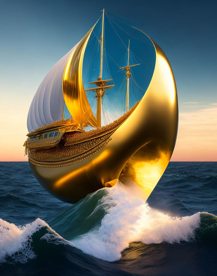 Golden sail ship on Möbius strip waves at sunset.