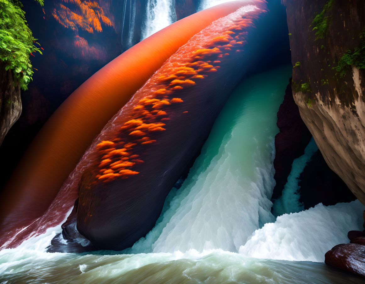 Orange Waterfall Cascading into Blue-Green Pool