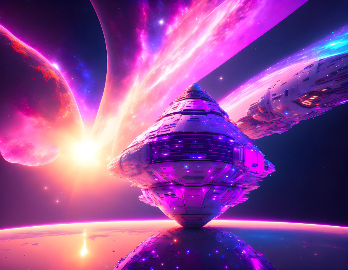 Vibrant alien planet with futuristic spaceships orbiting cosmic scene