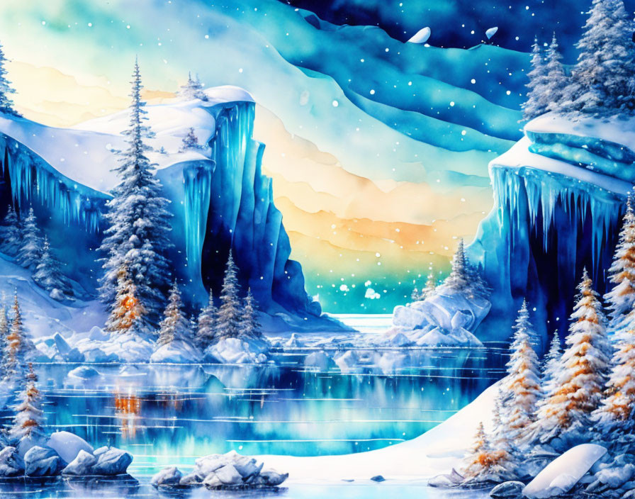 Snow-covered trees, frozen lake, cliffs, and aurora borealis in winter scene