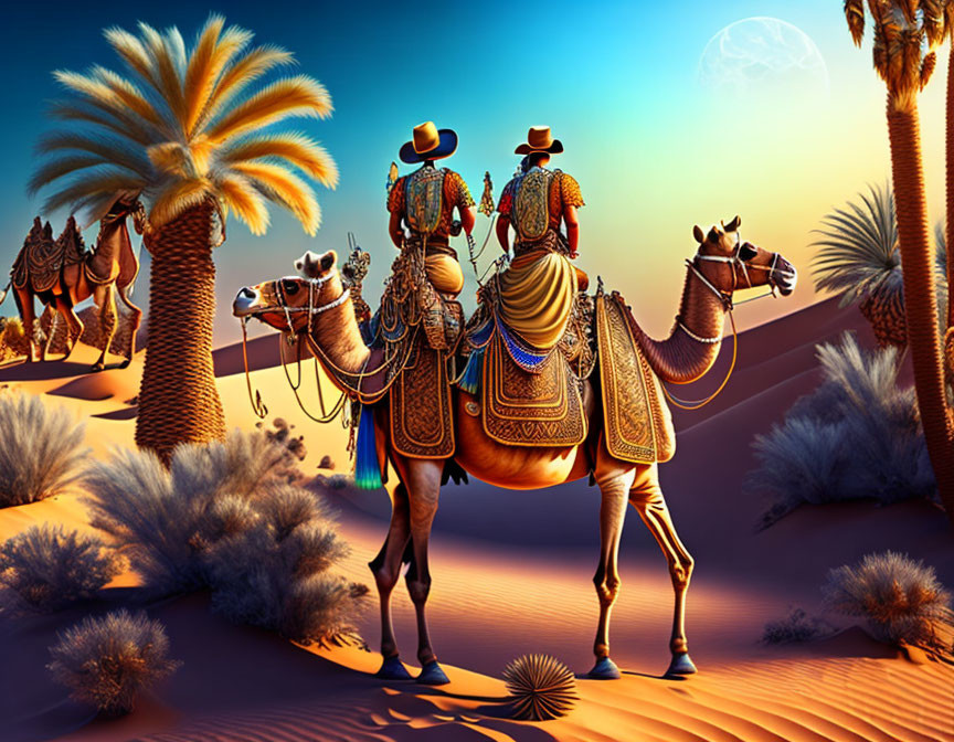 Richly adorned camel caravan crossing desert at twilight