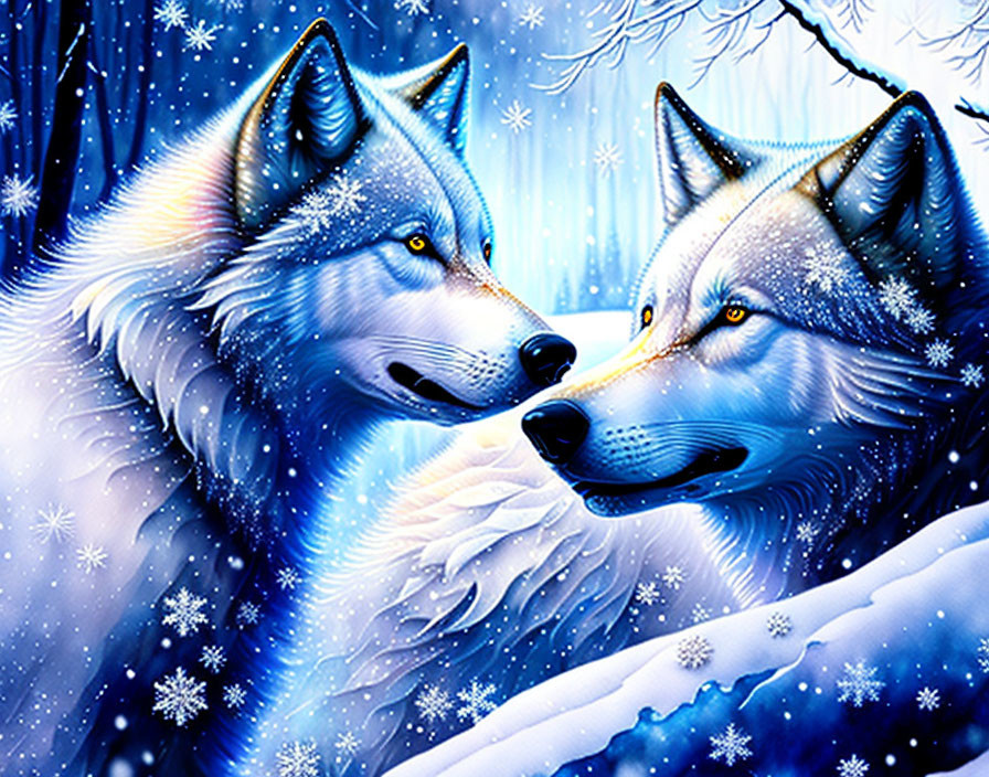 Illustrated wolves with yellow eyes in snowy landscape.