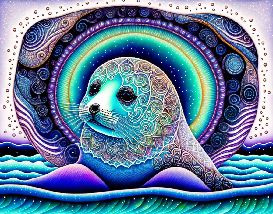 Colorful Psychedelic Seal Illustration with Cosmic Background