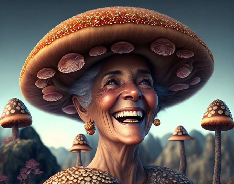 Elderly woman in whimsical mushroom hat surrounded by flora