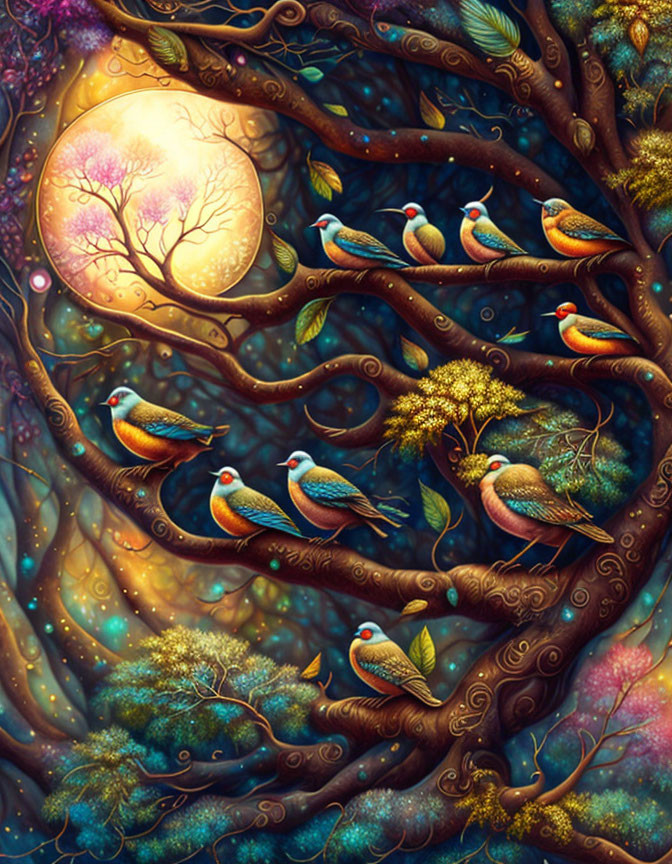 Colorful birds on whimsical tree branches under full moon