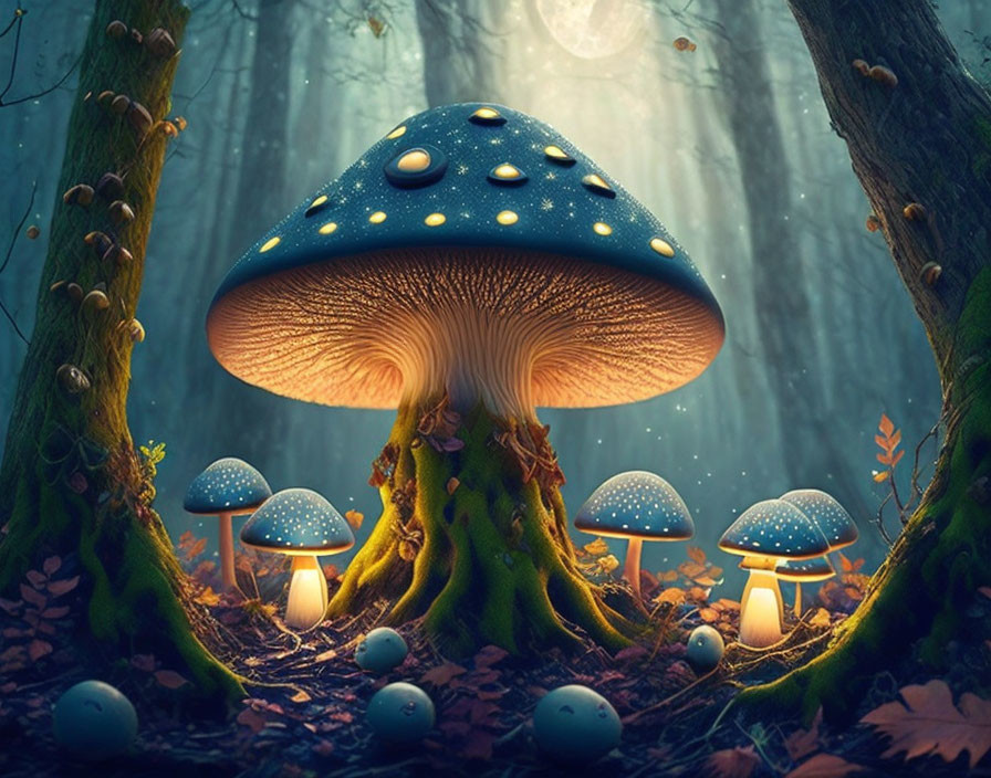 Fantastical forest scene with oversized glowing blue mushrooms among trees