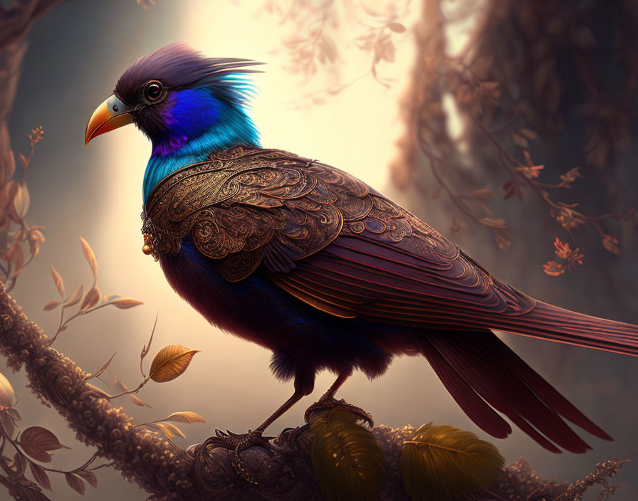 Colorful bird with metal armor perched in mystical forest