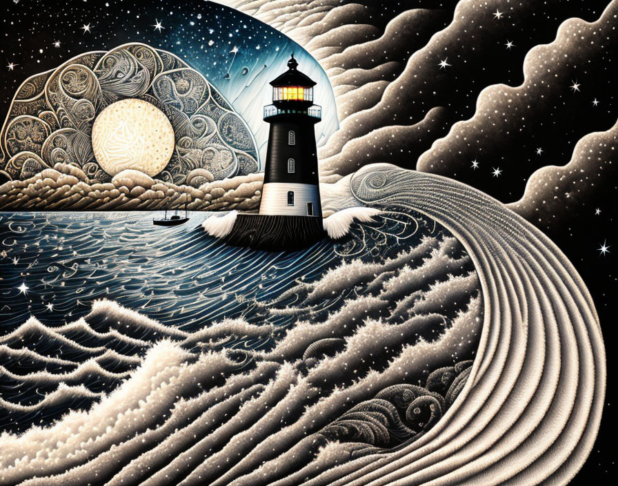 Stylized artwork of lighthouse, sailboat, waves, and starry sky