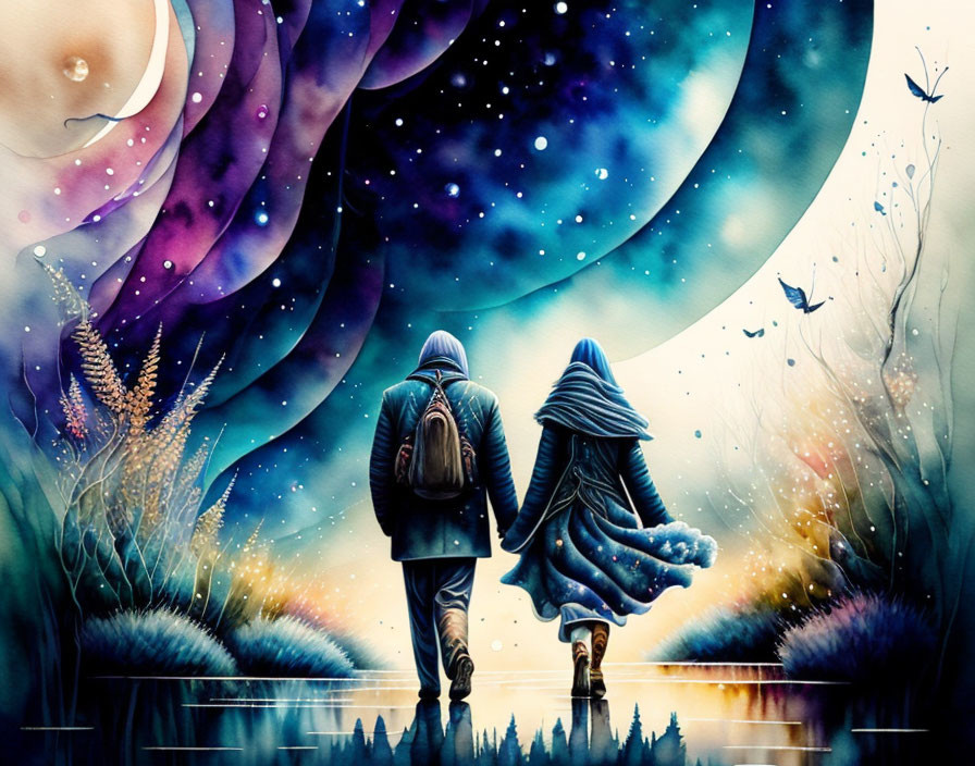 Vibrant fantasy landscape with celestial elements and figures walking on a path