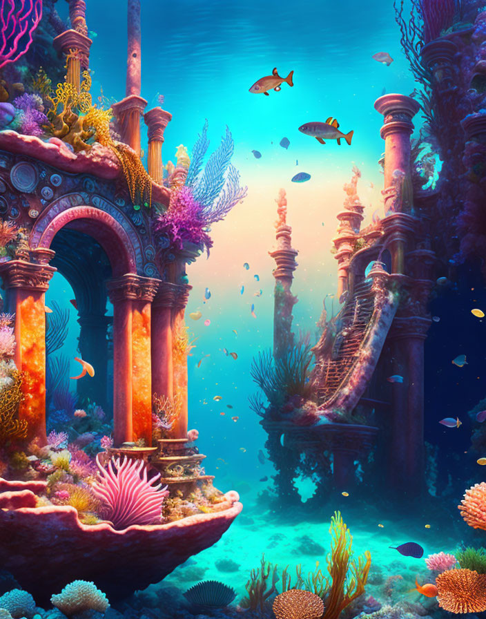 Colorful Coral and Classical Arch in Underwater Scene