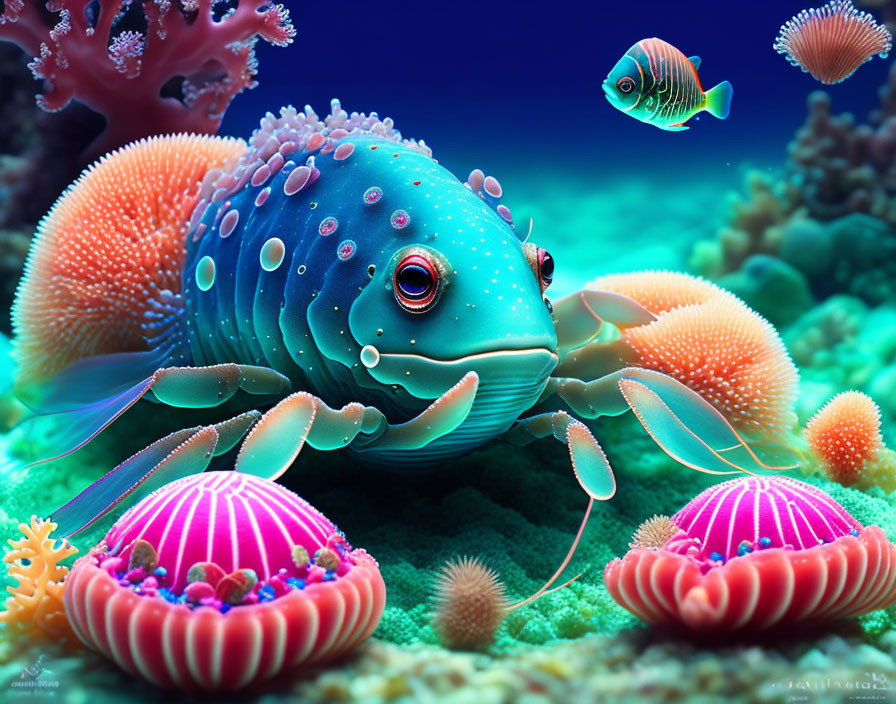 Colorful Underwater Illustration with Whimsical Blue Fish and Coral