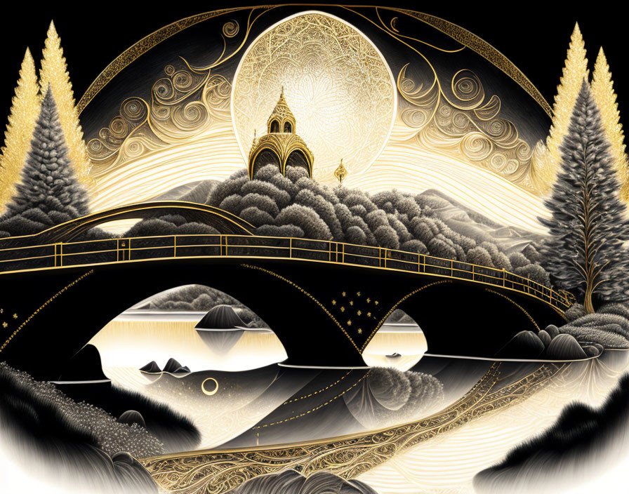 Monochromatic fantasy landscape with golden bridges, whimsical trees, castle, and serene water reflections