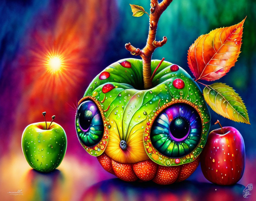 Colorful Caterpillar Camouflaged as Apple in Vibrant Nature