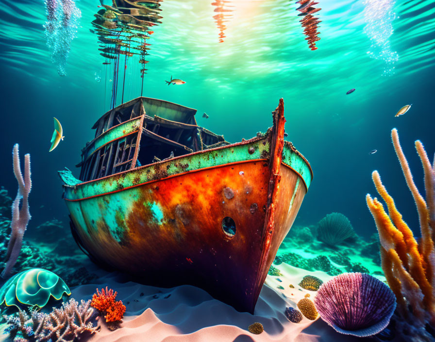 Underwater scene: sunken ship with marine life and sunbeams.