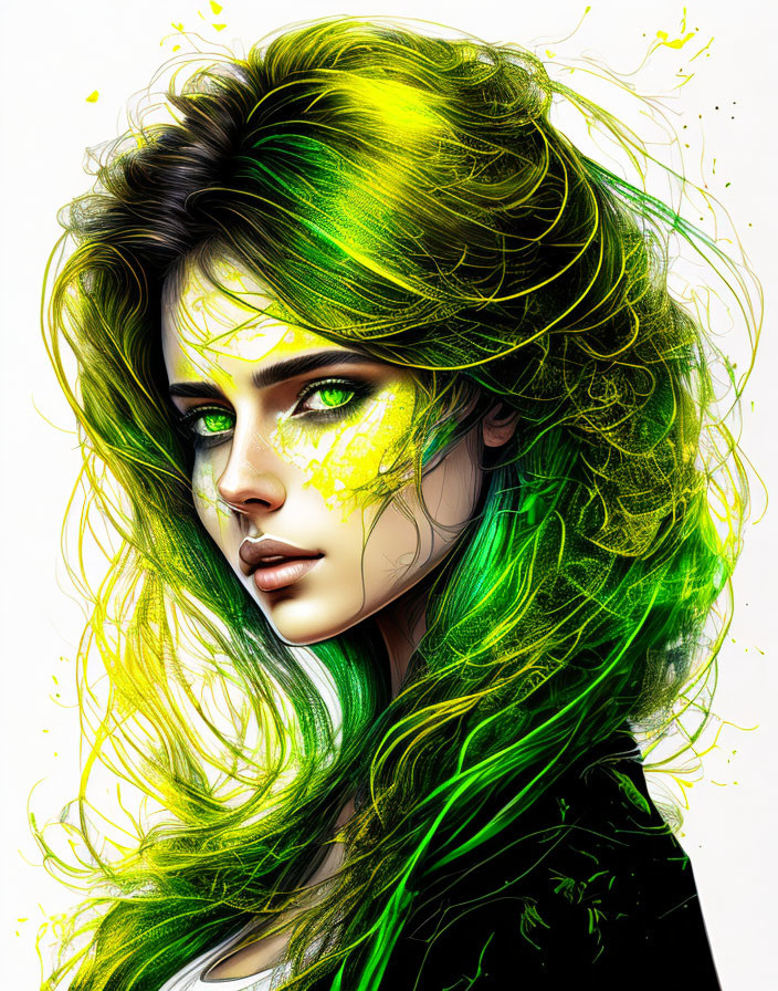 Colorful digital artwork of woman with green eyes and flowing hair.