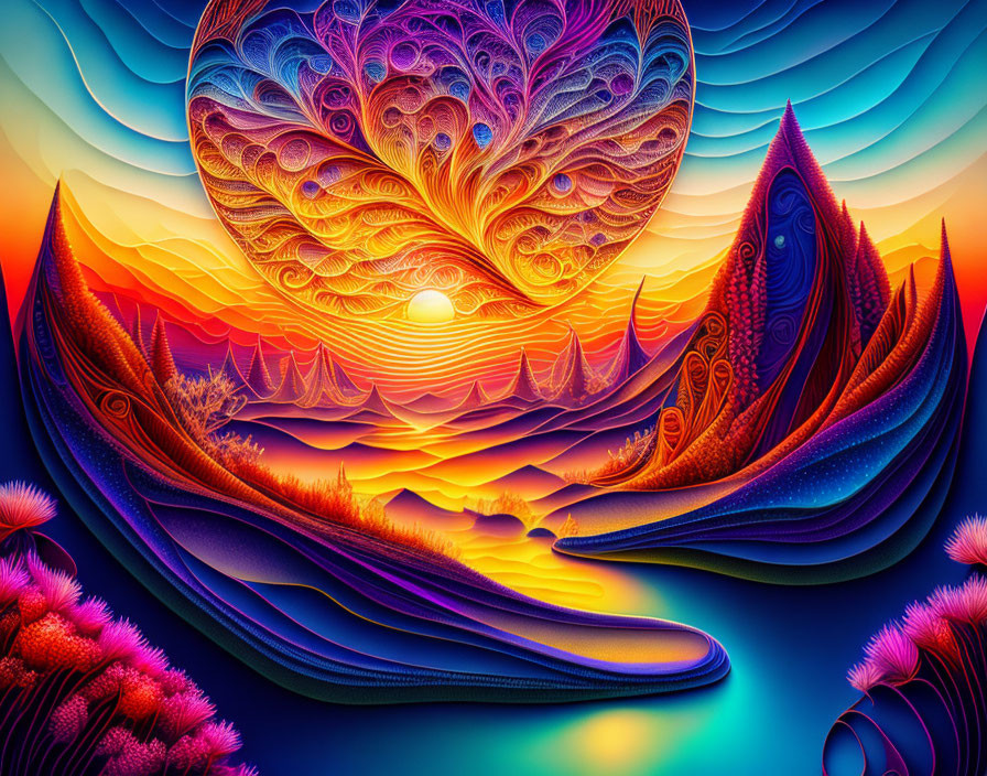 Colorful surreal landscape with radiant sunset and peacock feather sky.