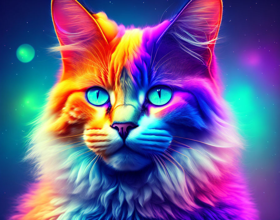 Colorful Digital Artwork: Neon Cat with Blue and Orange Fur