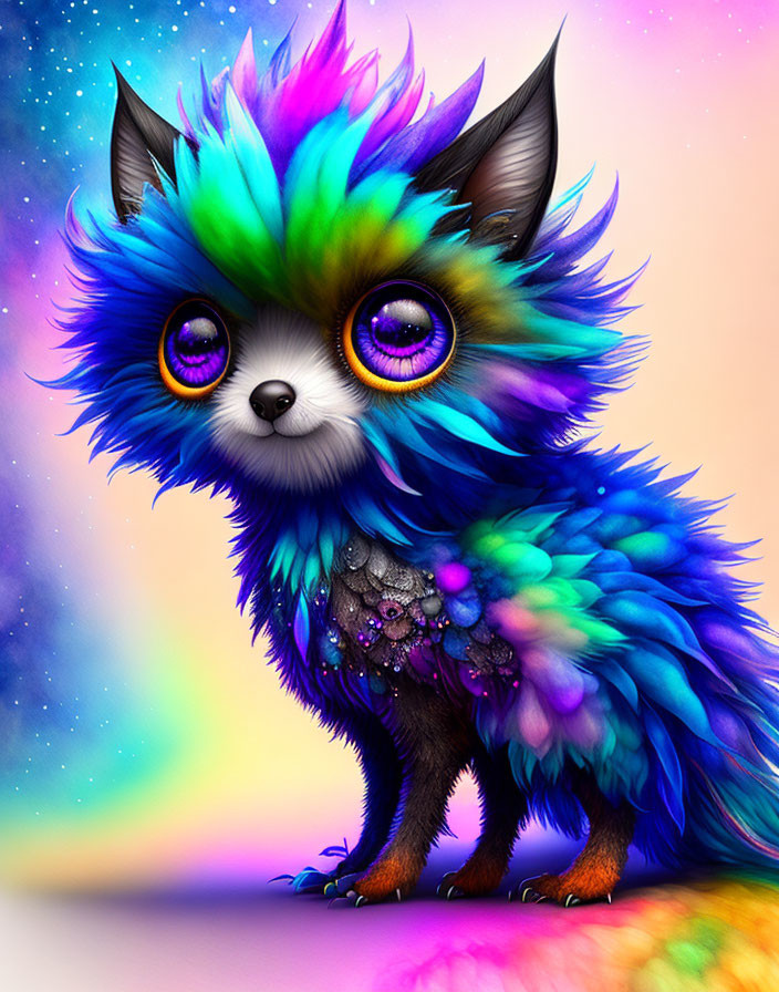 Colorful Fluffy Creature with Rainbow Fur and Jewel Necklace